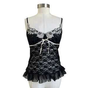 Liena Donatella Lace Camisole Black Sheer Tank Top Size S Y2K Coquette
